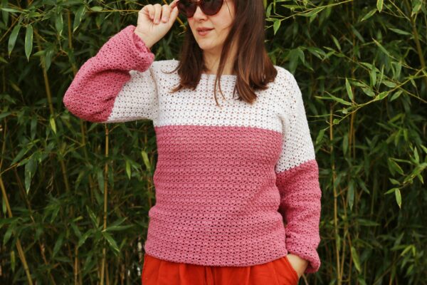 crochet sweater pullover, pink, dark pink ivory white